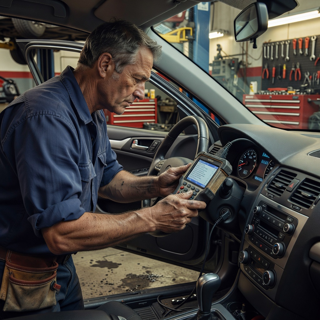 Mechanic using an OBD2 scanner on a vehicle